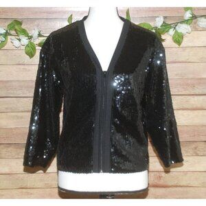 BKE Boutique Black Cropped Jacket Size M Full Zip All Over Sequin 3/4 Sleeve